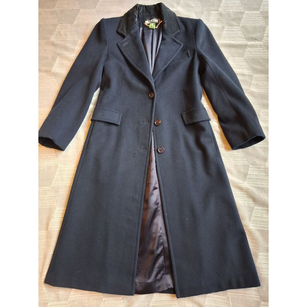 Vintage Wool Billy Coat Velvet Collar Long Navy Blue Winter Jacket Small